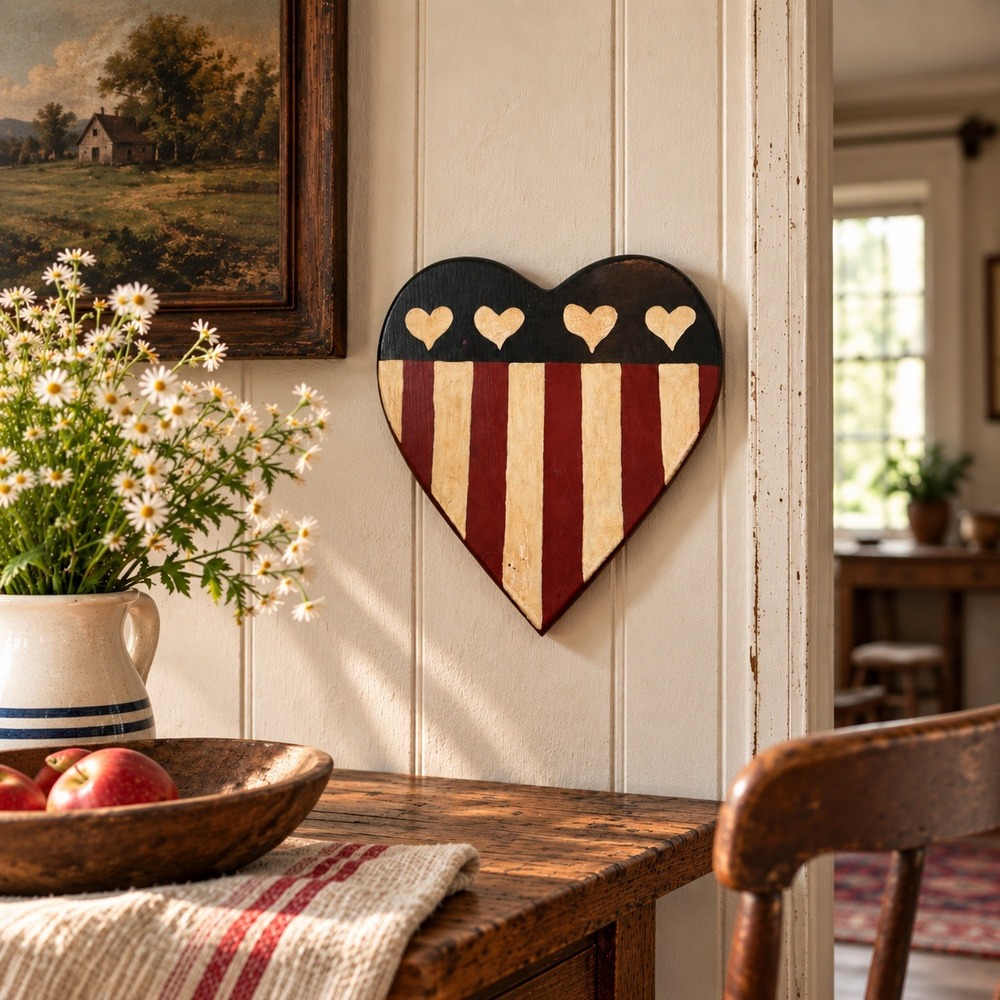Vintage Handmade Americana Heart Wall Decor American Flag Primitive Folk Art